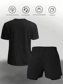 Manfinity Sport Corelite Men's Geometric Print Crew Neck Short Sleeve T-Shirt And Drawstring Waist Double Layer Shorts Sports Suit