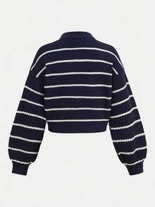 SHEIN 海軍藍與白色條紋基礎休閒圓領套頭衫，寬鬆燈籠袖秋季毛衣，返校季大學風休閒毛衣 - 藏蓝色 - 查看 2