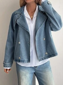 Livesso 女式宽松翻领牛仔夹克，秋季 - 藍色 - 查看 4