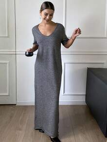 DAZY Grey Loose Casual Long Short Sleeve Sweater Dress For Women, Autumn/Winter Summer Women Dresses Sundress Maxi Dress - Grey - View 6