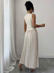 Modelyn 女士 2 件套装：金属扣背心夹克和褶皱喇叭裙，春秋 - 杏色 - 查看 2