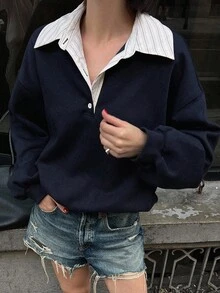 Livesso 女式衬衫领拼接宽松卫衣 秋冬 - 藏蓝色 - 查看 1