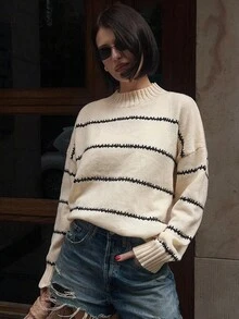 Livesso 女士休闲条纹宽松针织毛衣，秋冬 - 白色 - 查看 7