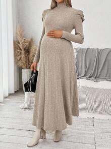 SHEIN Elegant Autumn Maternity Photoshoot Dress, Pregnant Women Stand Collar Ribbed Dress,Long Sleeve Solid Bump Friendly Fall Casual Dress - Apricot - View 5