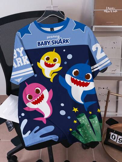 BABY SHARK X SHEIN Men's Casual Vacation Funny Cute Cartoon Shark & Letter Graphic Colorblock Short Sleeve T-Shirt, Summer