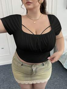 CovetEZ Plus Ruched Bust Square Neck Crop Tee - Black - View 2