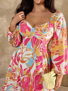 Roveilla Đầm xòe tay dài cổ vuông in họa tiết nhiều màu thanh lịch cho nữ cỡ lớn - Nhiều màu - Xem 6