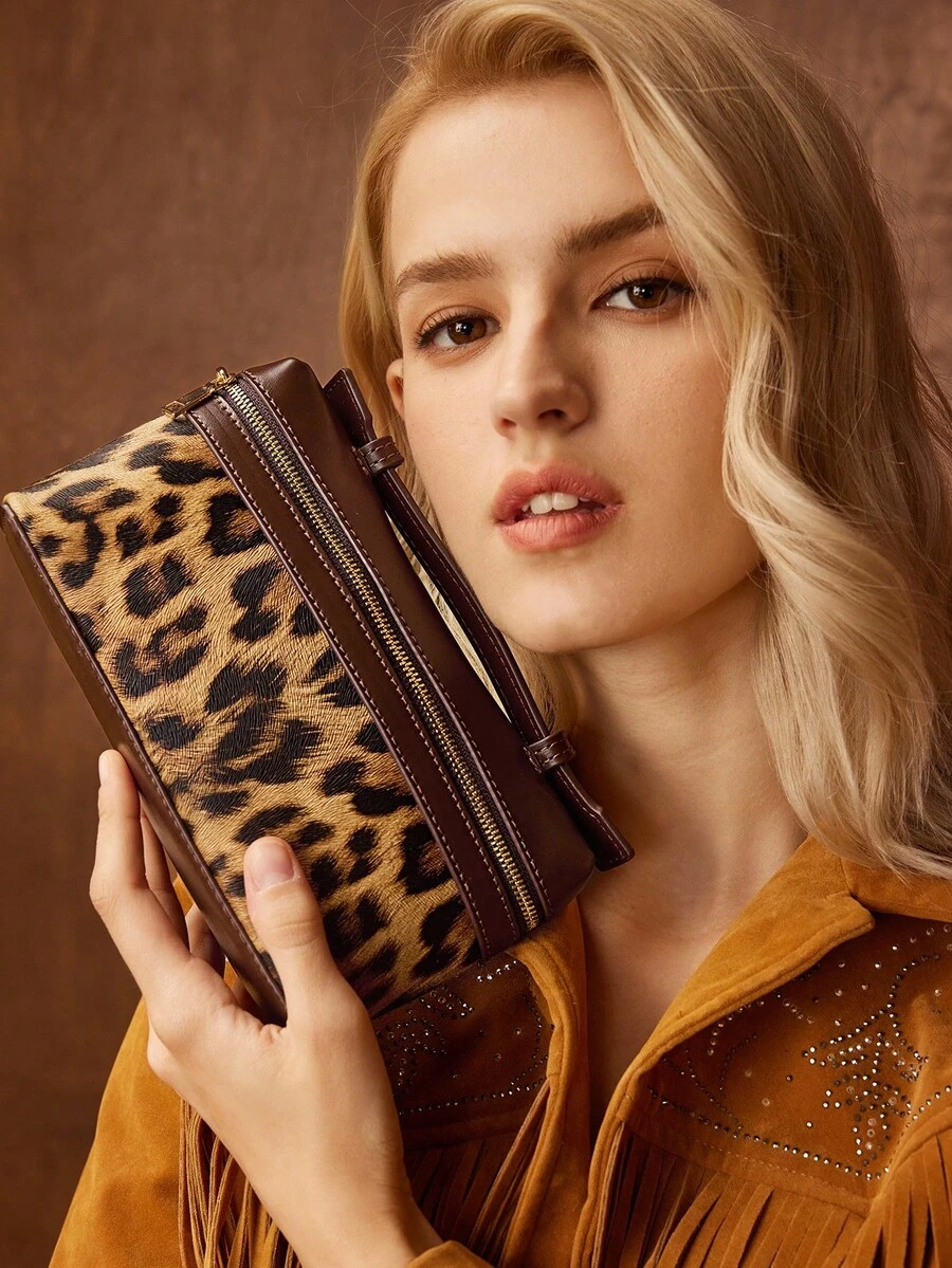 MOTF PREMIUM Bolso de mano con asa superior de piel sintética con estampado de leopardo - Café - Ver 1