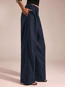 SHEIN Forever 21 女士裤子商务休闲女士西装女士阔腿裤办公室女士服装宽松裤职业女性服装办公室服装灰色 - 藏蓝色 - 查看 3