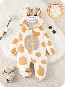 SHEIN Newborn Baby Boy/Girl Toddler Giraffe Hooded Long Sleeve Romper, Thick Warm Cute Animal Jumpsuit Outfit, Comfortable Versatile Casual Daily Wear, Suitable For Indoor, Outdoor, Skiing, Sports, Play, Party, Halloween, Cosplay - Apricot - View 1