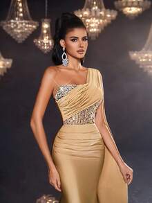 Glamrae Elegante y grácil top tubo asimétrico de punto en color albaricoque brillante con puntadas y lentejuelas, hombro asimétrico, pieza flotante de hombro asimétrico extra larga, hermoso bordado pesado, cintura transparente, parche de espina de pescado, forma de cola de pez. Adecuado para citas, baile, cena, eventos de boda, ceremonia de graduación, vestido de noche elegante - Albaricoque - Ver 6