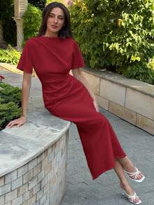 Aloruh Nuevo vestido midi de manga larga con diseño fruncido, de unicolor, versátil, elegante, intelectual y minimalista, adecuado para la oficina y el transporte - Burdeos - Ver 5