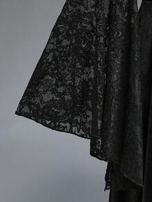 ROMWE Goth 加大码哥特式不对称下摆蕾丝喇叭袖连衣裙，哥特式派对晚礼服，蕾丝拼接系带前襟加大码秋季连衣裙，礼服 - 黑色 - 查看 4