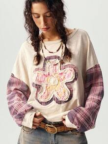 Bohemela Blusas holgadas de punto con parches, cuello redondo y manga larga caída para mujeres