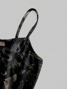 ROMWE Spring|Summer Carnival Party Casual Graphic Black Gothic Dark Halloween Snake, Sun, Moon, Star, Moth, Plant Print Mini Dress For Women - Black - View 3
