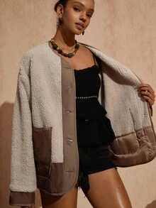 Bóhologie Beige And Brown Panel Teddy Jacket: Relaxed Fit, Perfect For Casual Outings Or Layering On Chilly Days, Made Of Soft Faux Shearling Fabric Combined With Lightly Quilted Panels And Large Patch Pockets For Extra Comfort And Urban Style Sherpa Jacket Button Up Jacket Oversized Jacket Women's Jacket Oversized Cardigan Teddy Cardigan Button Up Cardigan Brown Cardigan Women's Cardigan Brown Jacket Quilted Jacket Jacket For Women Cardigan For Women Curve Cardigan - Multicolor - View 4