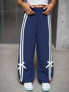 SHEIN Girls Everyday Casual Navy Blue Long Pants With Straight Leg And White Striped Tape Detail Fall Winter - Navy Blue - View 7