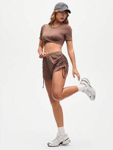 SHEIN Sports Women's High-Waisted Cocoa Brown Drawstring Ruched Sport Shorts, Brown Athletic Skirt - Brown - View 1
