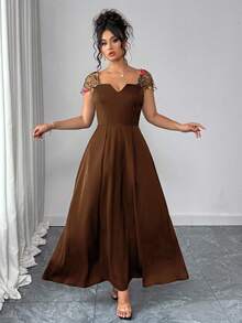 Auvina 女士优雅提花拼布夏季连衣裙 - 咖啡棕 - 查看 3