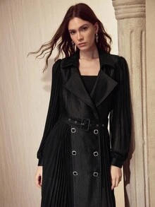 MOTF 双排扣褶裥风衣 - 黑色 - 查看 3