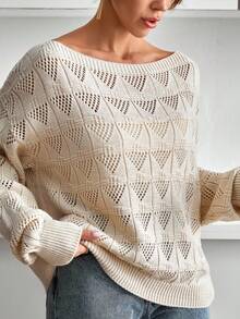 EURMUSE Casual Boat Neck Hollow Out Crochet Drop Shoulder Oversize Loose Fit Seasonal Sweater For Women Sweater Knit Tops Back To School Cute For Fall Women,Jumper,Cream Jumper,Jumpers,Black Jumper,Womens Jumper,White Jumper,Women's Jumper,Women's Jumpers,Winter Clothes - Apricot - View 4