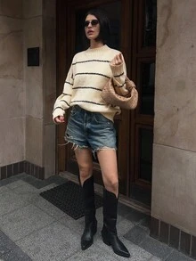 Livesso 女士休闲条纹宽松针织毛衣，秋冬 - 白色 - 查看 2
