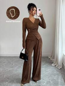 Elenzga Bộ 2 món áo quấn và quần màu trơn thường ngày dành cho nữ - Cà phê nâu - Xem 3