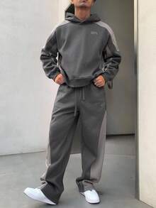 DAZY 男士秋季连帽衫和裤子套装，撞色拼布和字母刺绣，保暖内衬，舒适服装 - 灰色 - 查看 5