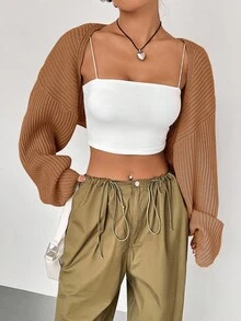 Flirla 女式纯色落肩长袖短款休闲开衫，秋季 - 棕色 - 查看 3