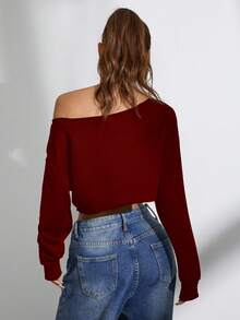 StreetHx Áo nỉ hở vai dài tay màu trơn thời trang gợi cảm dành cho nữ, mùa thu - Màu Đỏ Sâu - Xem 2