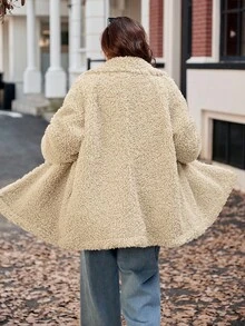 Vionelle Plus Size Fashion Solid Casual Long Sleeve Flip Collar Quilted Faux Teddy Fleece Jacket For Women Winter Autumn Fall