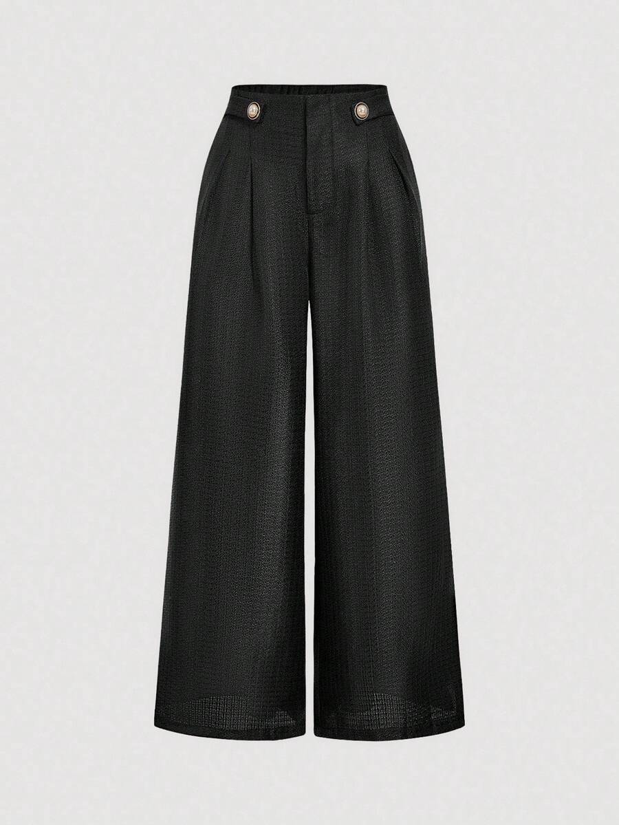 SHEIN MOD Women's Pleated Loose Solid Color Tweed Elegant Wide Leg Pants In Fall/Winter - Black - View 1