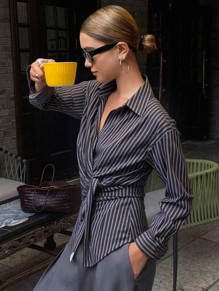 Women's Autumn/Winter New Cinching Waist Tie Striped Shirt Long Sleeve Top