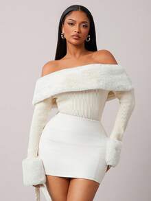 Radiana Women's Regular Faux Fur Patchwork Off Shoulder Long Sleeve Fitted Sweater In Fall/Winter - Apricot - View 6