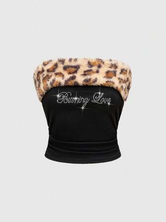 Grunge Punk Top tubo con aplicaciones de rhinestones, ajustado, de punto, con estampado de leopardo y parches de piel sintética de estilo subcultura de Shibuya para mujeres