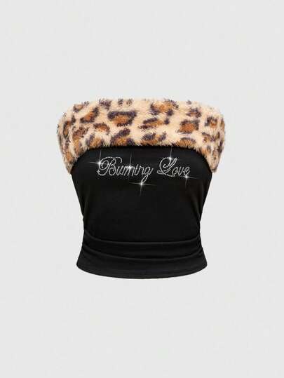 Grunge Punk توب أنبوبي نسائي مزين بالراين ستون مع بقع طباعة جلد النمر والفرو الصناعي، قصة ضيقة وتريكو