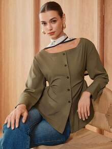 Almamuse 1 Stück Modisches einfarbiges Damen-Hemd mit Knopfleiste und Falten