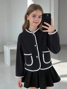 SHEIN Tween Girls' Elegant College Style White Contrast Trim Pocket Hooded Coat - Black - View 2