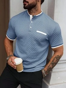 Manfinity Homme 男士休闲纹理撞色边短袖 Polo 衫，夏季男士浅蓝色上衣男士休闲上衣男士纹理上衣男士夏季衬衫浅蓝色衬衫男士，Old Money 风格 - 孔雀藍 - 查看 6