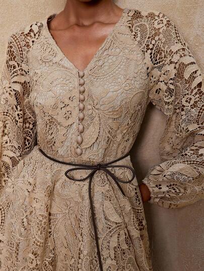 SHEIN Privé VITNOS Fall/Winter High-End Women's Fall Outfits Elegant Leather Cord V-Neck Long Sleeve Cinched Waist Mini Dress Made With Unique Lace Fabric, Fall Winter Outfits For Women, Cute Costume For Women, Holiday Vacation Dress, New Year's Outfit, Party, Night Out, Dates, Wedding Guest, Graduation Prom Dress, Business Casual Dress For Women, Luxury Evening Dresses For Women, Elegant Dresses For Women