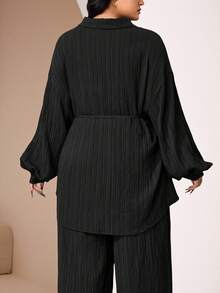 Veilorie Plus Size Solid Color Front Button Long Sleeve Top And Insert Pocket Long Pants 2Pcs Set 2 Pieces Set - Black - View 4