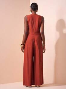 Zivah New Styles For Early Autumn, Autumn And Summer, Daily Dates, Commuting, Business, Ladies, Elegant Beach, Cruise, Parties, Simple, Popular, Birthday Parties, High-End Parties, Casual Vacations, V-Neck, Sleeveless, Waist Pleated, Diamond-Shaped Pattern Design, Woven Pattern Design, Side Pockets, Wide-Leg Pants, Super Long Pants, Orange-Red Woven Fabric, Women's One-Piece Pants -A - Rust Brown - View 2