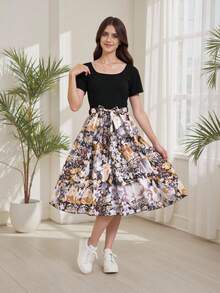 Teen Girls' Floral Printed Short Sleeve Belted Dress,Holiday,Summer,Travel - Black - View 3