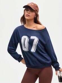 Streetz SHEIN Sport 女式休闲宽松数字印花落肩长袖运动衫 - 藏蓝色 - 查看 6