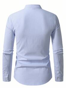 Manfinity Mode 男士休闲条纹衬衫，立领隐形纽扣，修身男士衬衫，男士正装衬衫，男士蓝色条纹衬衫，男士浅蓝色男士衬衫，Old Money，秋季 - 藍白色 - 查看 2