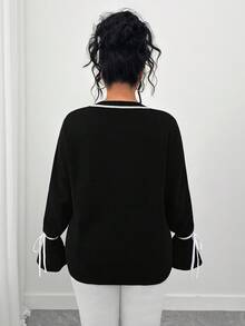 Elenzga Suéter de cuello redondo de manga larga con lazo y bloque de color para tallas grandes - Blanco y Negro - Ver 2