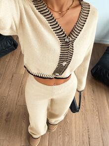 SHEIN PETITE 女士毛呢宽松家居两件套西装居家舒适休闲套装 - 杏色 - 查看 4