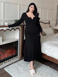 Dazy Plus 大码女士长袖长款睡裙，修身款，黑色，春秋季/秋冬季 - 黑色 - 查看 3
