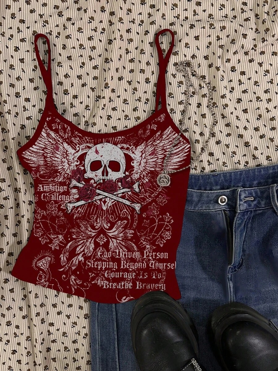 Attitoon 女士休闲性感骷髅图案吊带背心，适合夏季