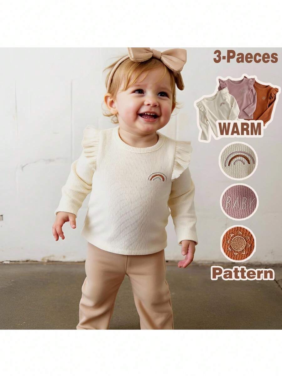 Loomiva 3 قطع ملابس علوية طويلة الأكمام للأطفال البنات مطرزة بحرف، نمط ، وشمس، قطن ناعم مناسب للخريف/الشتاء، للداخل والخارج - متعدد الألوان - مشاهدة 1